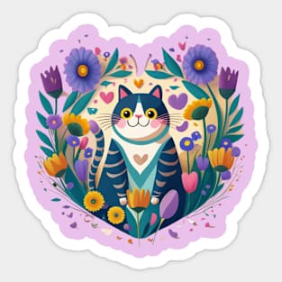 Cat In Heart Shaped Flowers Sticker